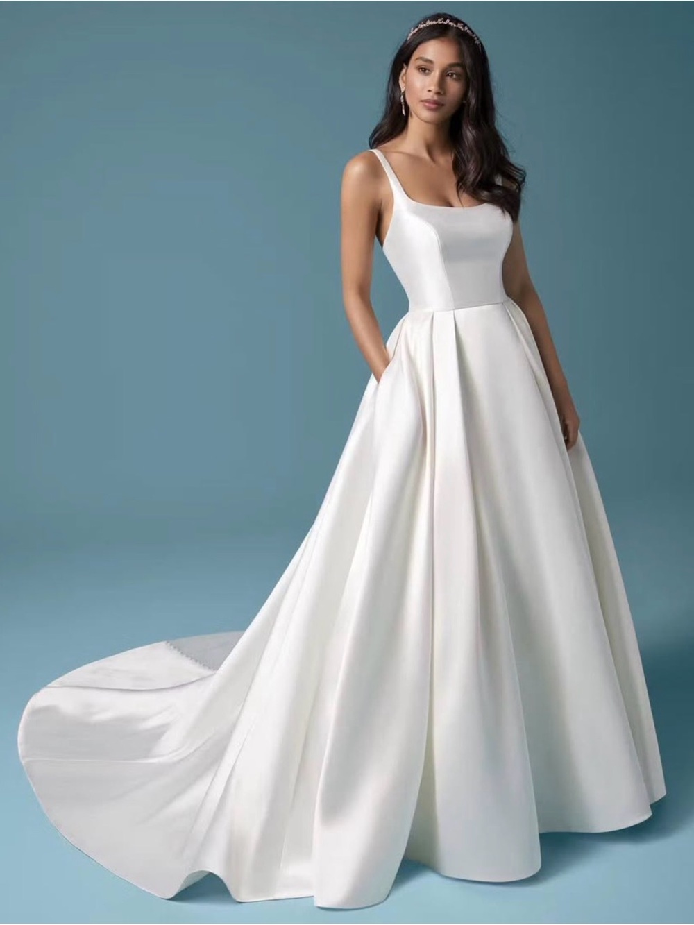 Wedding Dress: Maggie Sottero White Satin Square-Neck Ballgown